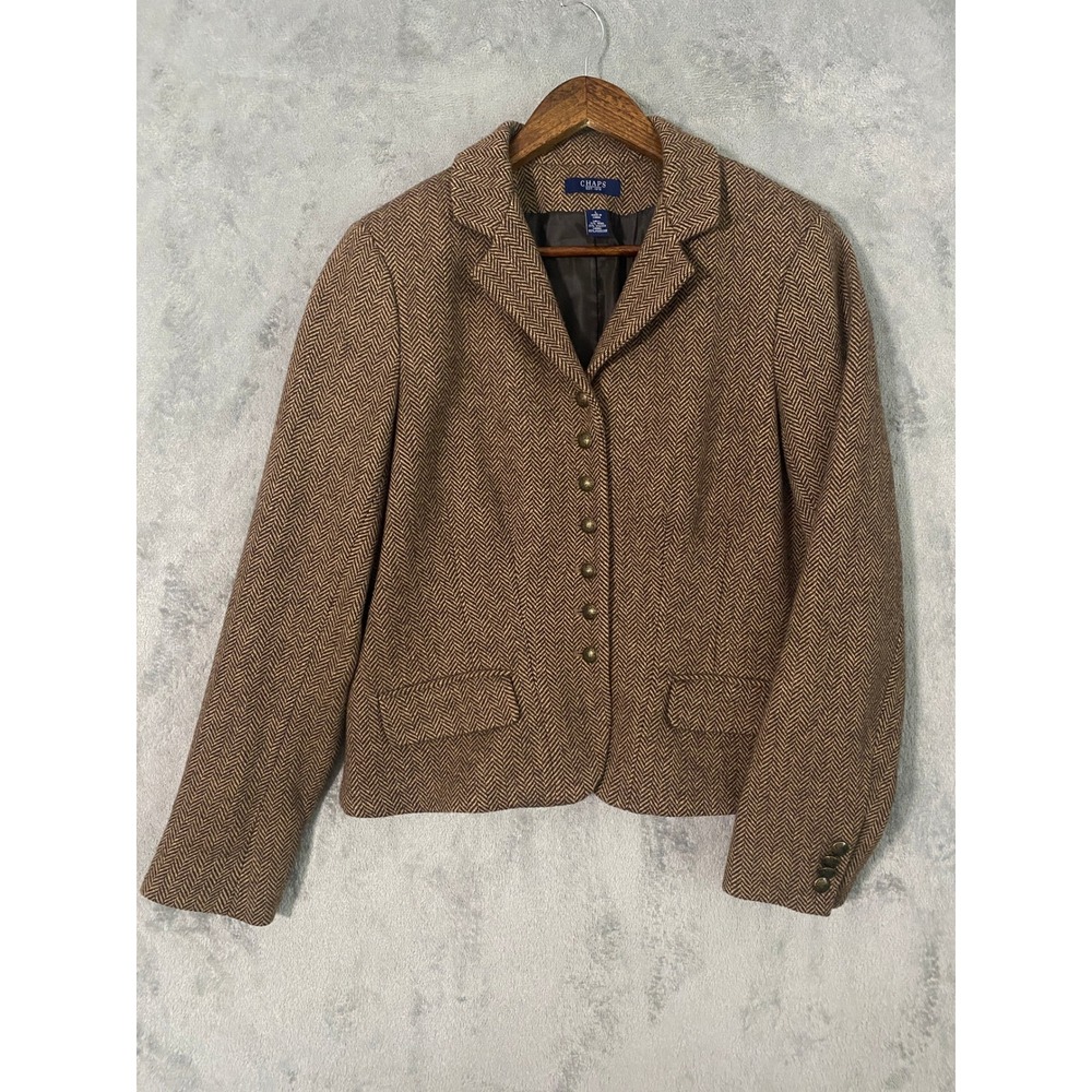 Chaps Blazer Womens L Brown Herringbone Wool Blend Classic Academia Preppy Twee